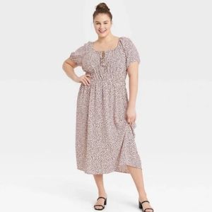 Women's Plus Size Puff Short Sleeve Smocked Dress - Who What Wear Pink Leaf 2X